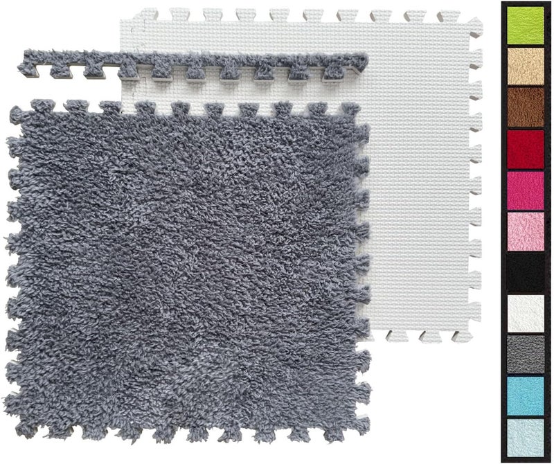 HUIDUO 16 Pcs Kids Foam Interlocking Carpet Tiles with Border, Thick Carpet Squares Plush Floor Playmats Baby Crawling Rug - 49" x 49",Grey (Grey, 16 Tiles) - Image 1